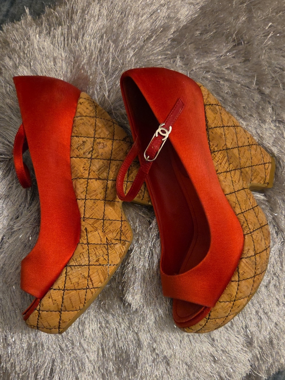 Authentic CHANEL Red Satin Quilted Cork Wedge Platform Peep Toe Pumps Size 6
